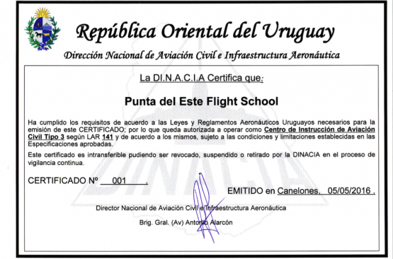 Punta del Este Flight School obtiene la Certificación LAR 141